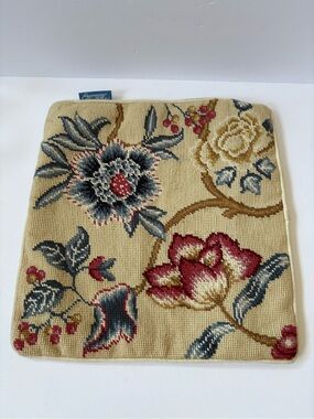 Williamsburg Tan Blue Pink Wool Floral Needlepoint Velvet Back Pillow 14*14 Boho